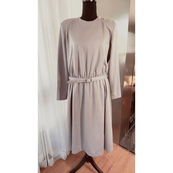 Vintage 1980s dress, grey/beige, long sleeves, a-line silhouette, office wear - Picture 1 of 9